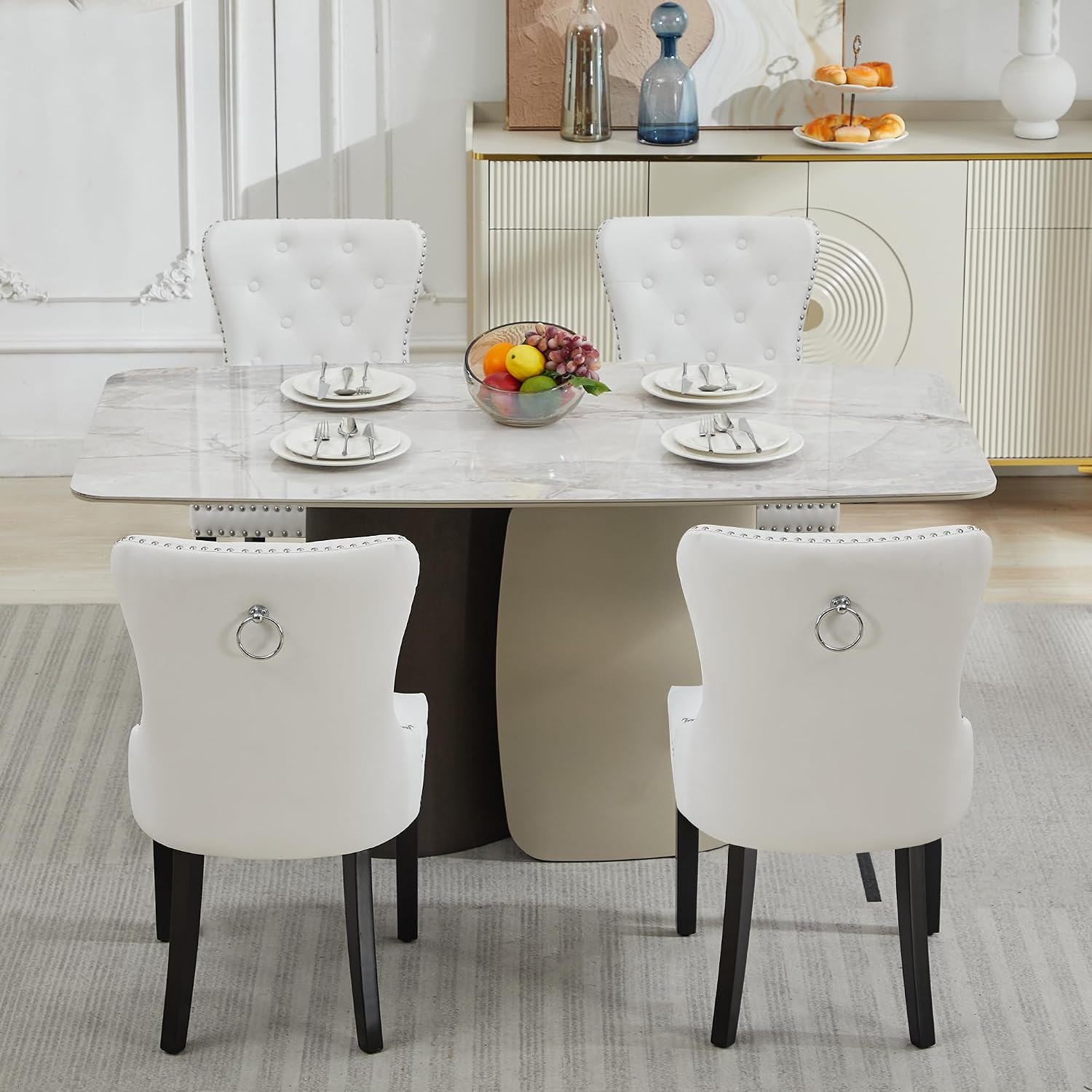 PU Leather Dining Chairs Set of 4, Upholstered Dining Room Chairs with Solid Wood Legs & Back Ring Pull Trim Ring, Modern Dining Chairs Perfect for Dining Room,Living Room,Kitchen, White