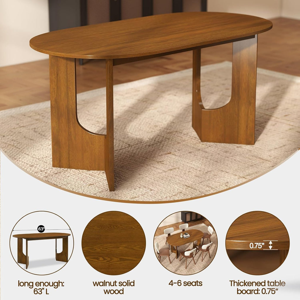 VESCASA 63" L Walnut Wood Oval Dining Table for 6, Solid Wood Kitchen Table with Wooden Legs for Dining Room, Restaurant