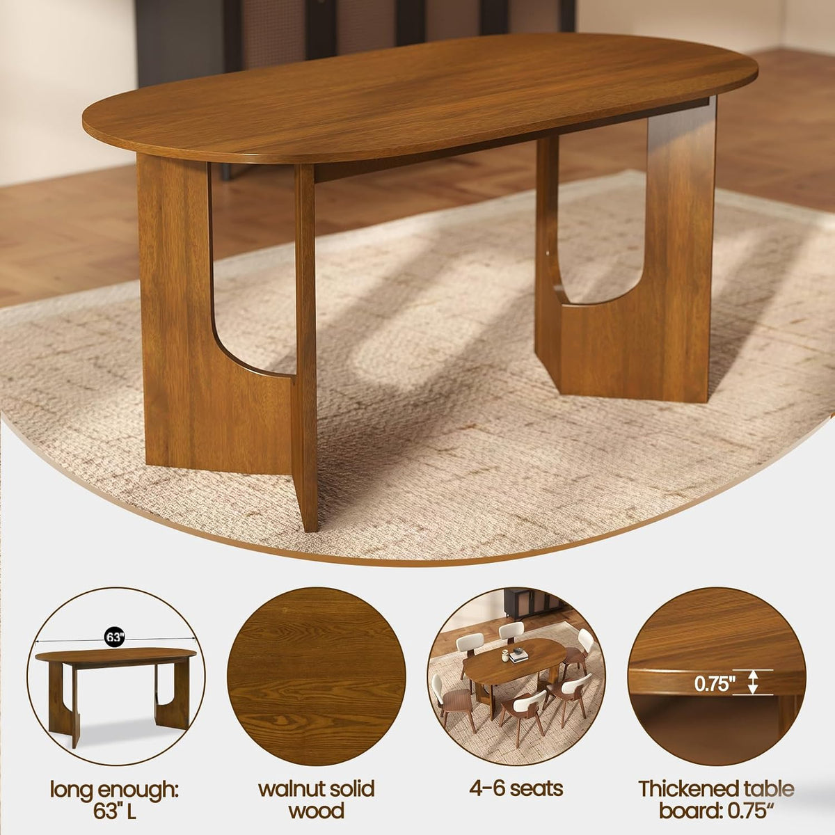 VESCASA 63" L Walnut Wood Oval Dining Table for 6, Solid Wood Kitchen Table with Wooden Legs for Dining Room, Restaurant