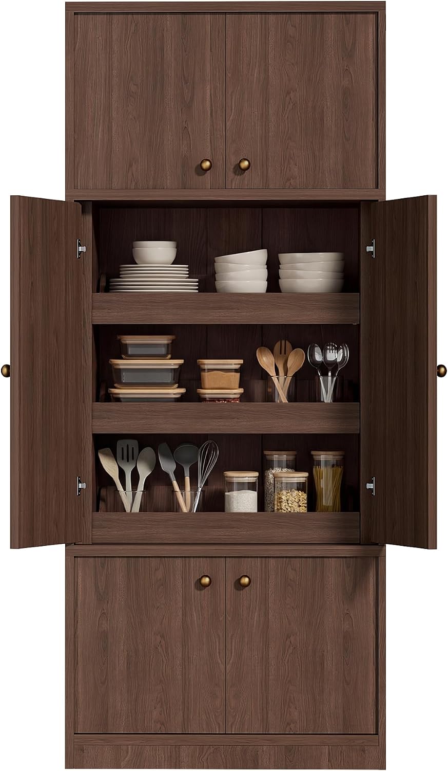 Tall Kitchen Pantry Cabinet 71 Inch, Freestanding Storage Cabinet with Doors and Adjustable Shelves, E1-Grade Wood, Walnut Finish for Kitchen Pantry Storage