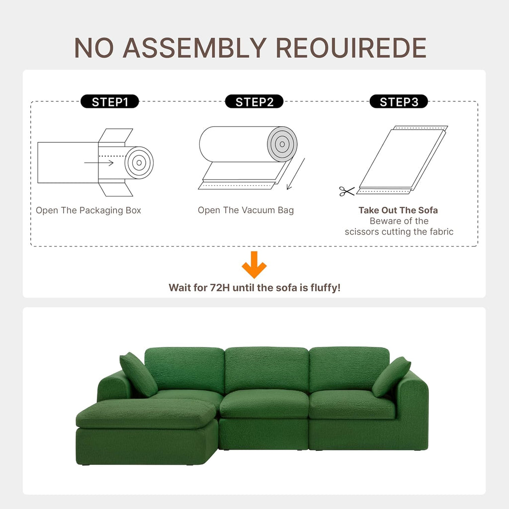 KISLOT 108" Cloud Couch,Sectional No Assembly Required,Modular Sofa with Deep Seat for Living Room,L Shaped Couch with Ottoman Snowflake Fabric and Memory Sponge,Green
