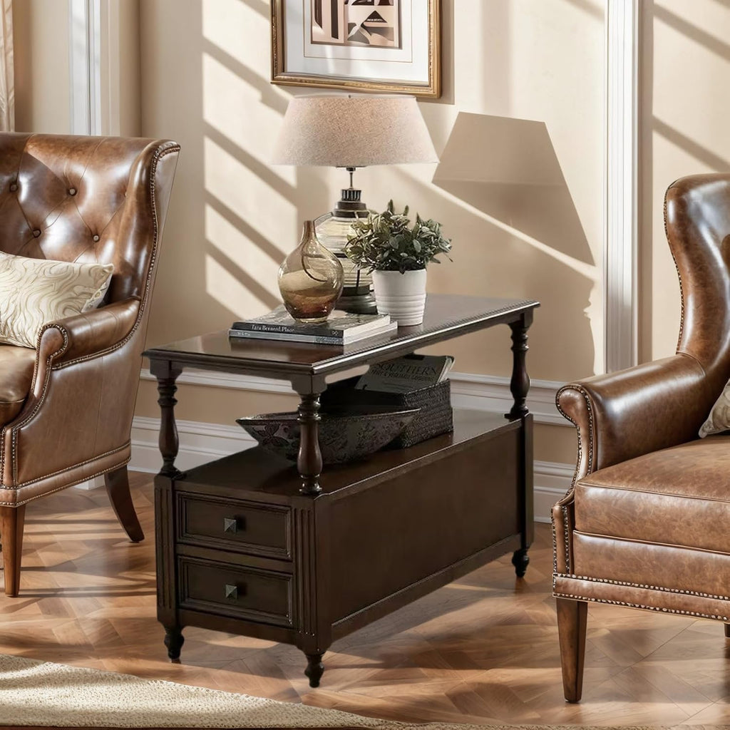YUNMUARY-Solid Wood End Table with 2 Drawer Mid-Century Nightstand Narrow Side Tables with Storage Dark Walnut Side Tables for Living Room Small Space Sofa Side Table,Easy Assembly