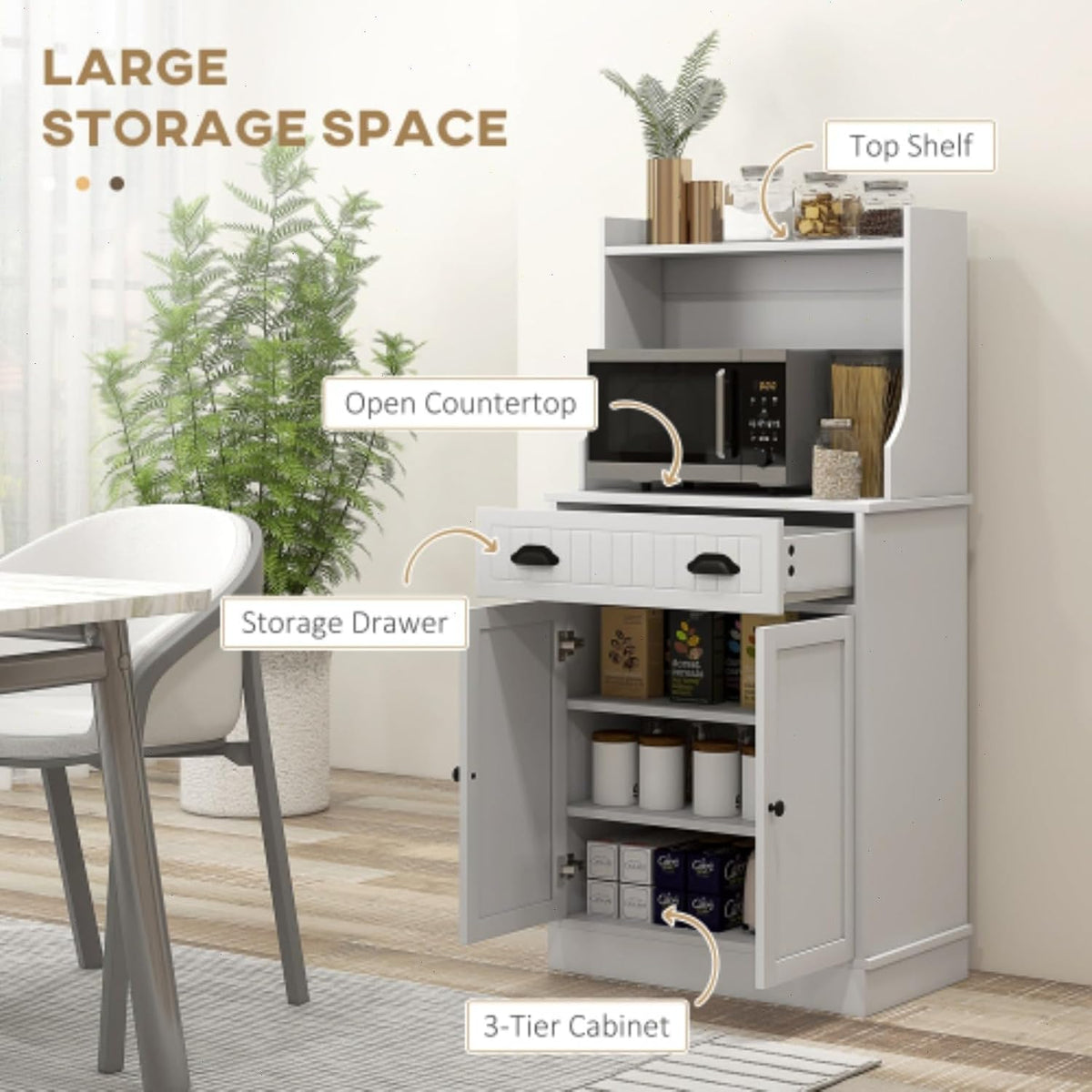 49" Kitchen Microwave Cabinet/Stand with Storage and Drawers, Pantry Storage Cabinet with Hutch & Adjustable Shelves for Kitchen, Dining Room, Living Room, Hallway in White