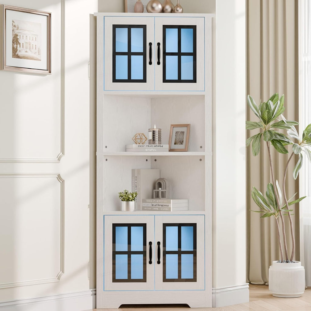 Corner Cabinet with Glass Doors and LED Lights, 67" Tall Corner Pantry Cabinet, Modern Farmhouse Corner Cabinet Organizer for Bathroom Kitchen Living Room, White