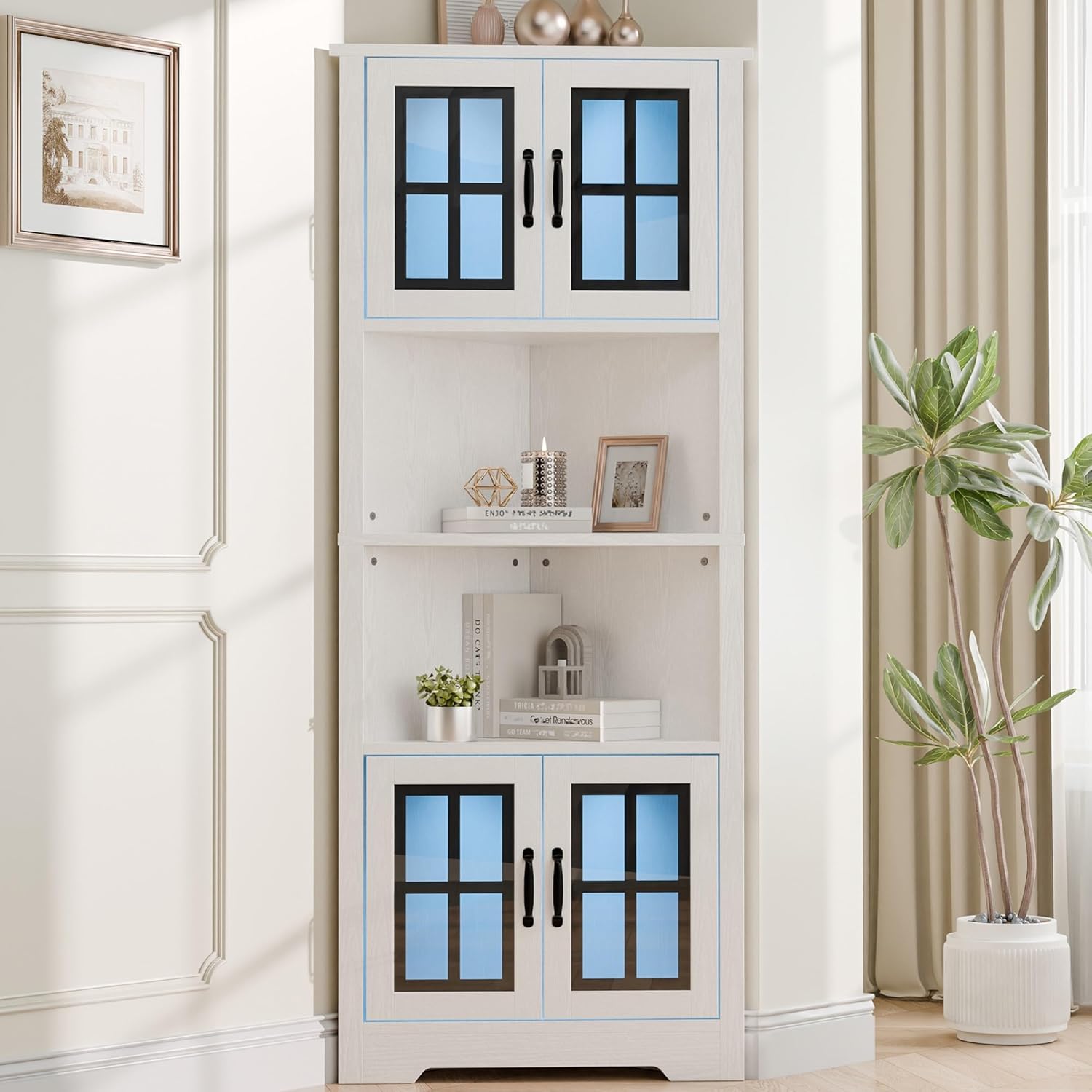 Corner Cabinet with Glass Doors and LED Lights, 67" Tall Corner Pantry Cabinet, Modern Farmhouse Corner Cabinet Organizer for Bathroom Kitchen Living Room, White