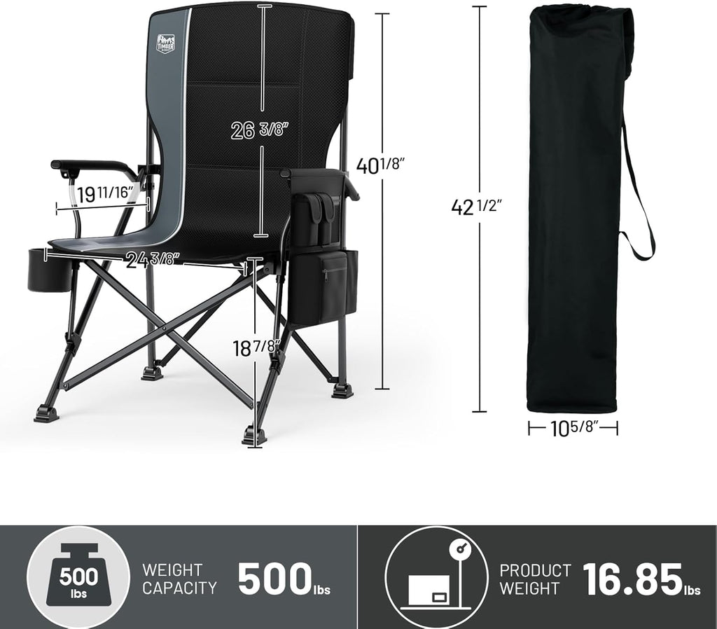 TIMBER RIDGE Oversized Folding Camping Chair High Back 500lbs | Heavy Duty Camping Chairs for Adults, Cup Holder, Side Pocket, Cooler Bag