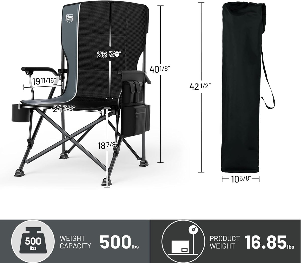 TIMBER RIDGE Oversized Folding Camping Chair High Back 500lbs | Heavy Duty Camping Chairs for Adults, Cup Holder, Side Pocket, Cooler Bag