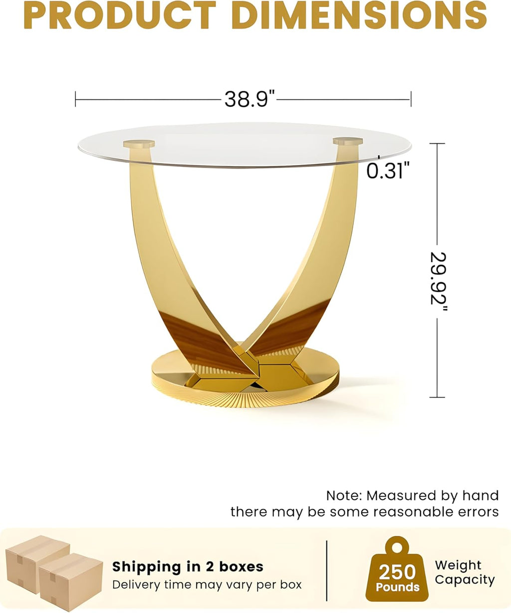 38.9" Round Glass Dining Table for 2-4, Modern Glass Dining Room Table with Tempered Glass Top & Stainless Steel Legs, Round Kitchen Table for Small Space, Apartment(Gold)