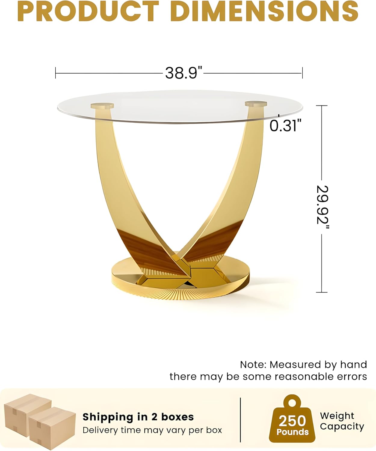 38.9" Round Glass Dining Table for 2-4, Modern Glass Dining Room Table with Tempered Glass Top & Stainless Steel Legs, Round Kitchen Table for Small Space, Apartment(Gold)