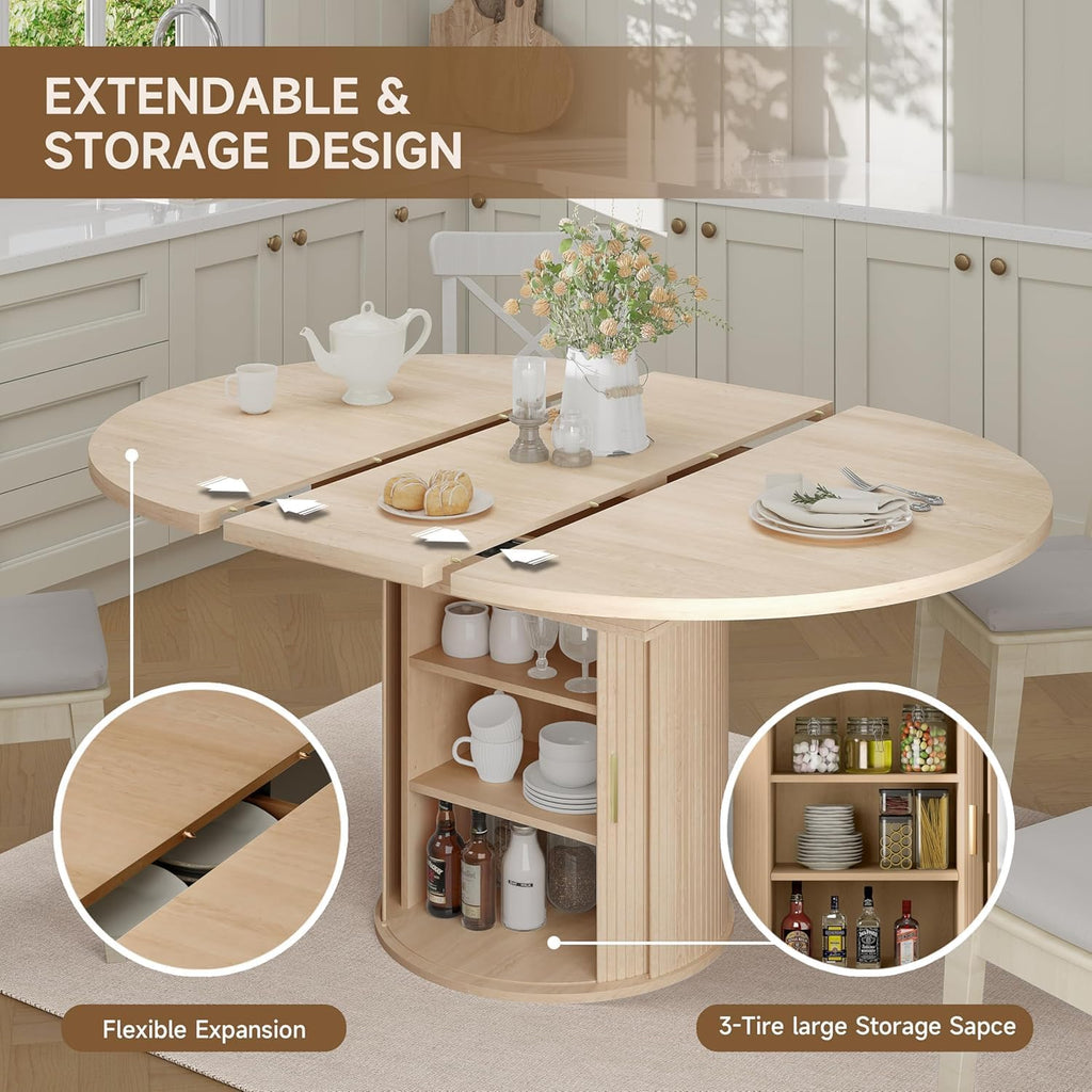 Extendable Round Dining Table: 47″–63″ Kitchen Table for 4 6 8 with Dust-Proof 2-Tier Storage Shelf Space Saving, Modern Farmhouse Expandable Wood Oval Circle Dinner Furniture with Pedestal Base