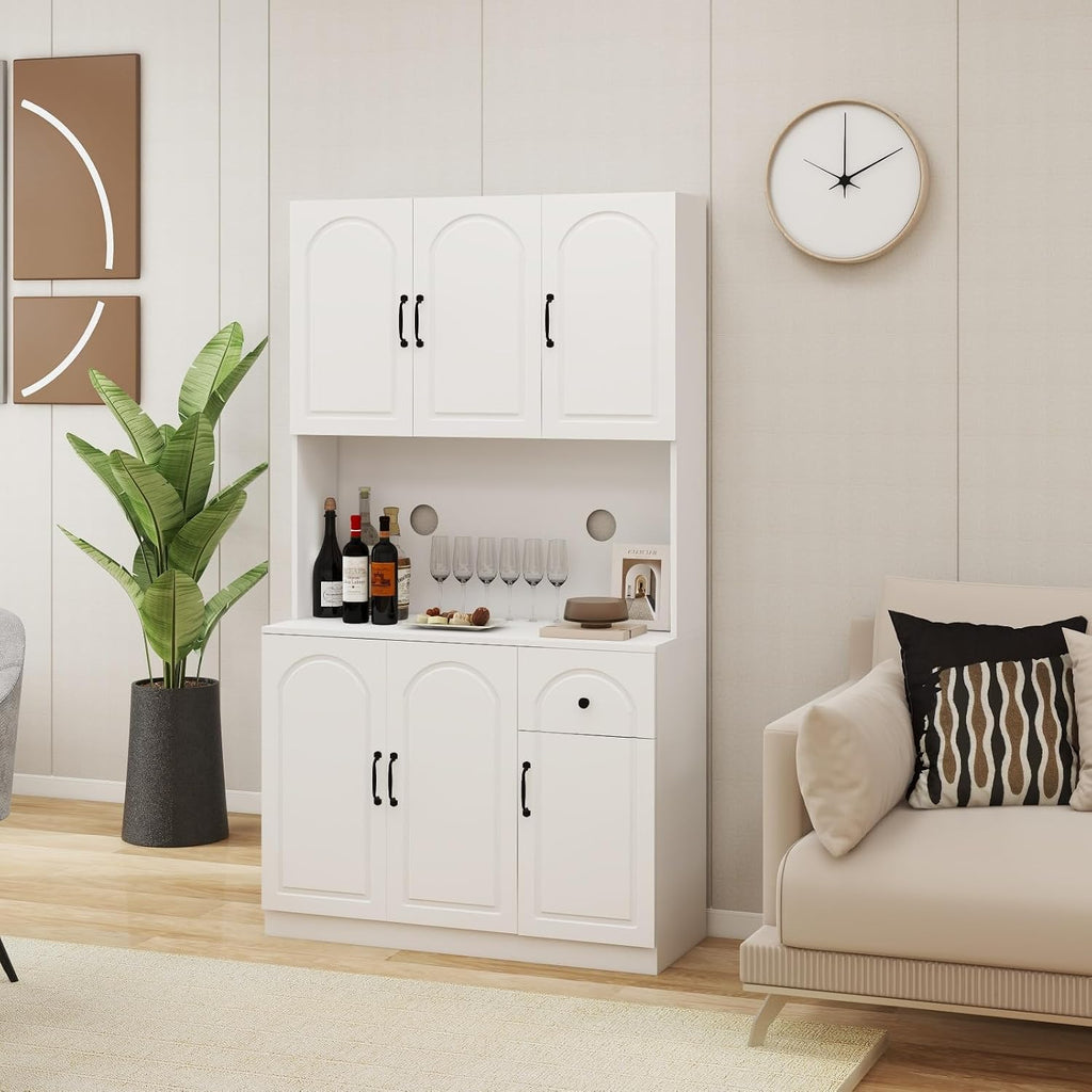 White 71" Kitchen Pantry Storage Cabinet, Freestanding Floor Hutch Cabinet with 6 Doors 1 Drawer, Storage Organizer for Kitchen Living Dining Room Food Cutlery Small Appliances