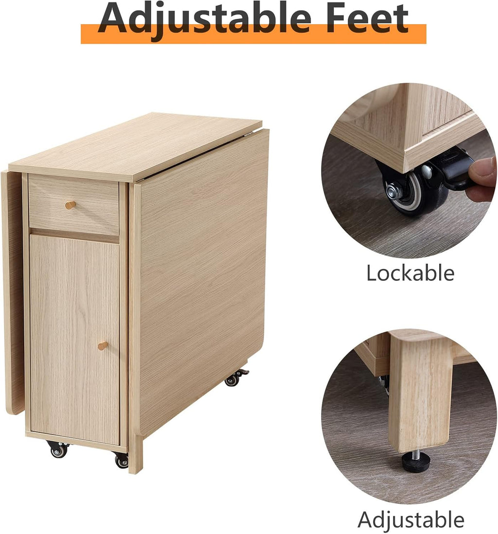 COMUHOME Drop Leaf Folding Dining Table with Storage, Wheels, Space Saving | Foldable Design, 18mm Thick Plywood, 300 lbs Capacity, Locking Wheels, Farmhouse Style, for Living Room Kitchen Small Spaces