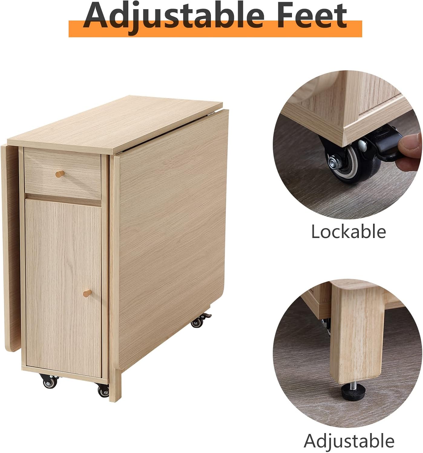 COMUHOME Drop Leaf Folding Dining Table with Storage, Wheels, Space Saving | Foldable Design, 18mm Thick Plywood, 300 lbs Capacity, Locking Wheels, Farmhouse Style, for Living Room Kitchen Small Spaces