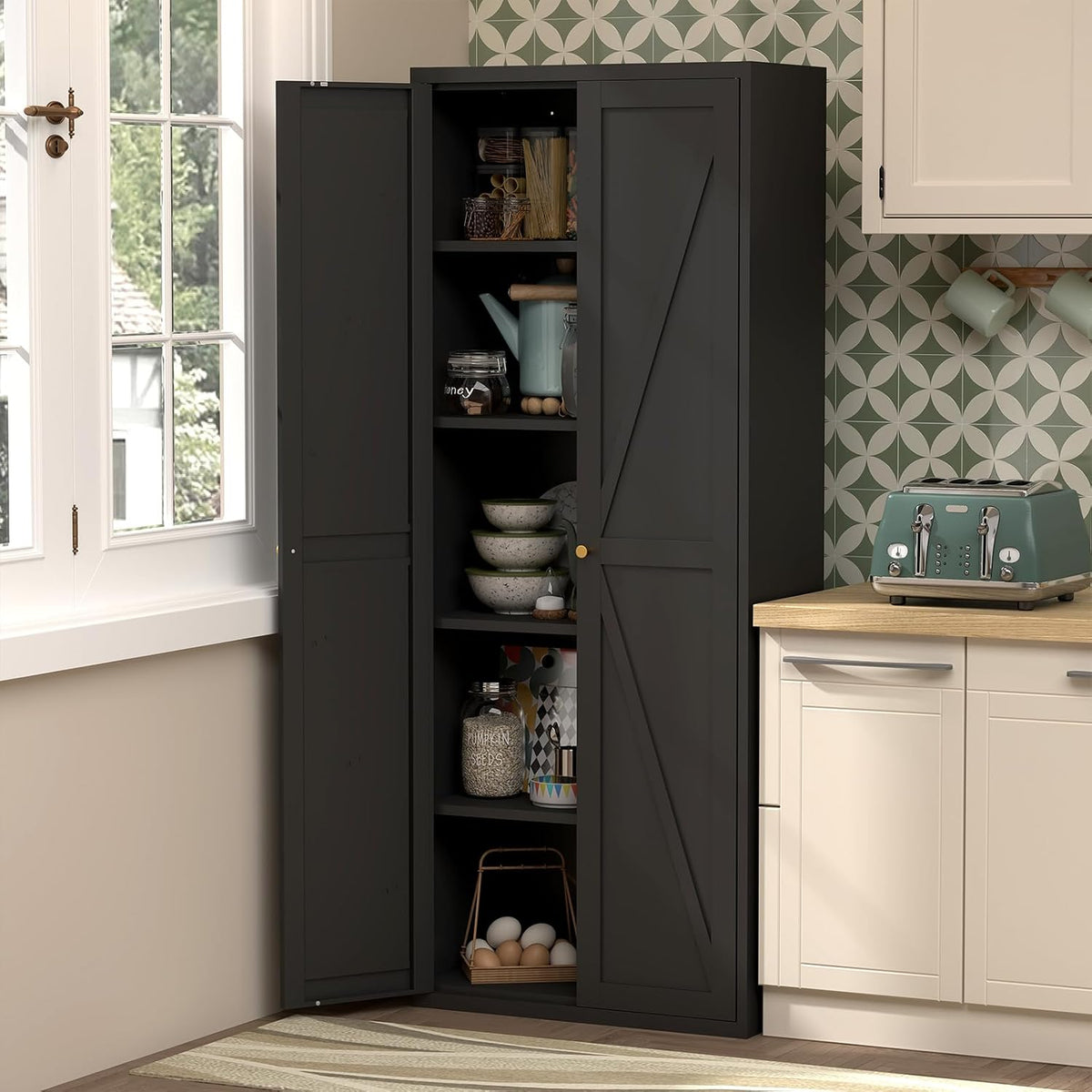 71" Tall Kitchen Pantry Storage Cabinet, Kitchen Storage Cabinet with Doors and 4 Adjustable Shelves, Metal Freestanding Cupboard for Garage Dining Room Living Room Bathroom, Black