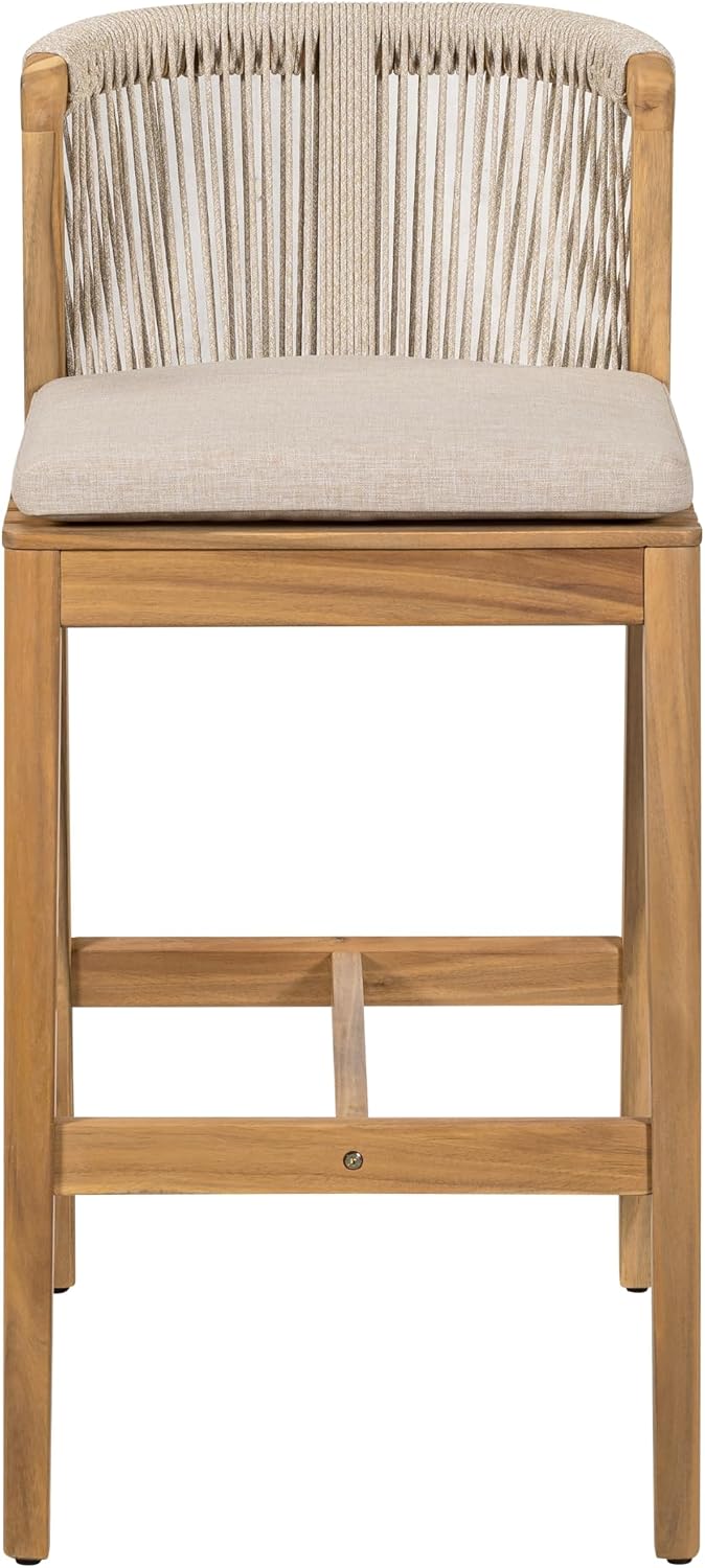 Christopher Knight Home Cuz Patio Barstool Set of 2, Outdoor Counter Height Stool with Sturdy Acacia Wood Frame and Rope Backrest, Bar Stool with Seat Cushion for Backyard Garden, Beige + Teak