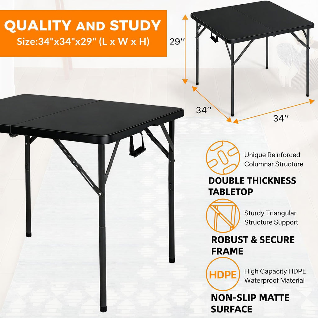 34" Square Folding Table, Portable Folding Card Table with Collapsible Legs & Carrying Handle, Plastic Tables for Camping,Picnic, Office, Party,Black