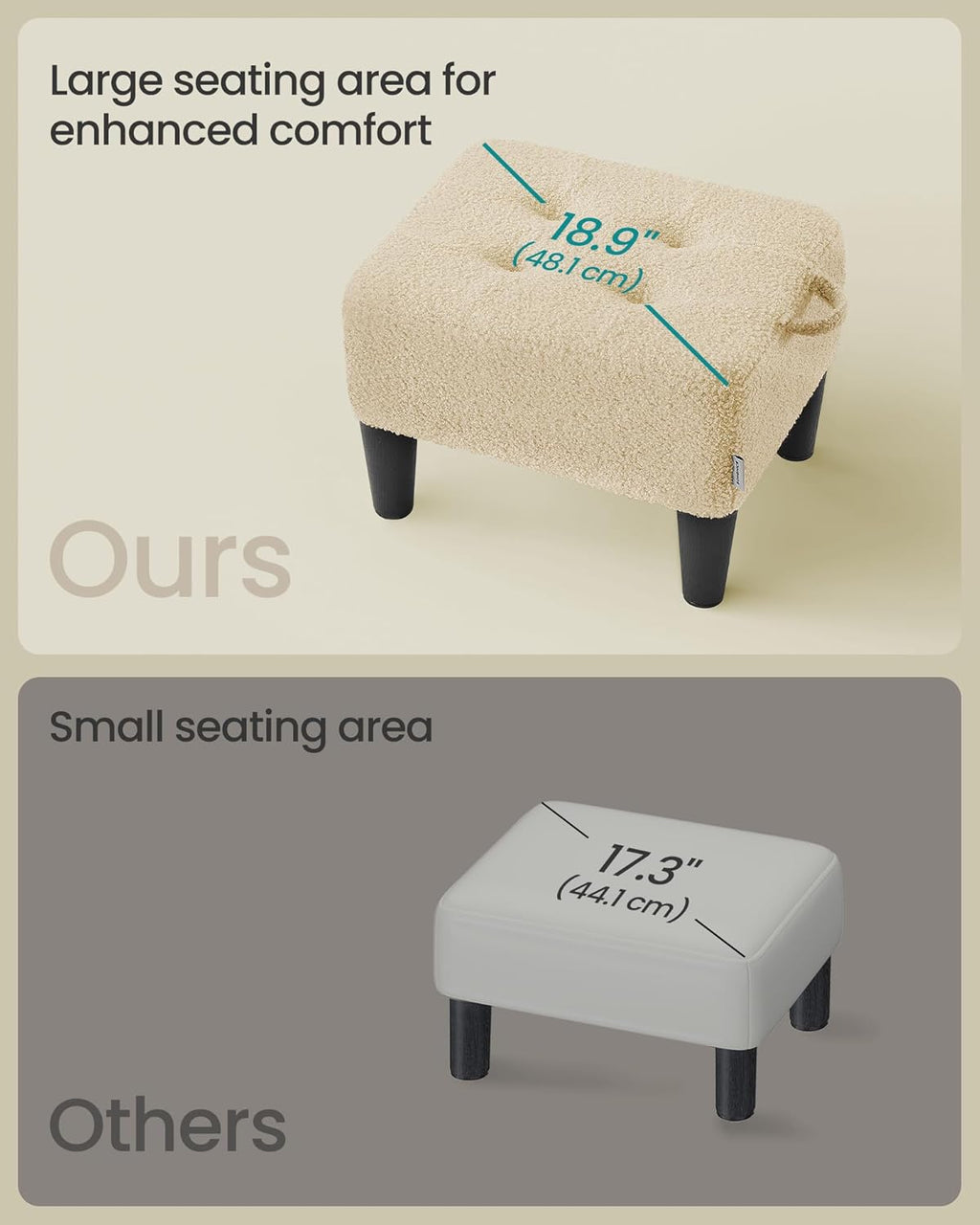 SONGMICS Foot Stool, Small Teddy Fleece Footstool Ottoman with Thick Cushion and Legs, for Living Room, Bedroom, Entryway, 330 lb Weight Capacity, Summer Sand and Ink Black ULOM503LF01