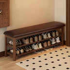 Shoe Bench Storage with Leather Cushion, Rustic Solid Wood Entryway Bench with 2 Height-Adjustable and Removable Shelves for Hallway, Living Room, Mudrooms (Dark Brown,47.2")