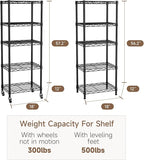 Small 5 Tier Shelves Storage Wire Shelving Unit Metal Shelf Adjustable Organizers Storage Shelving with Wheels for Bathroom Laundry Room Kitchen Pantry12”D x 18”W x 57.2”H Black