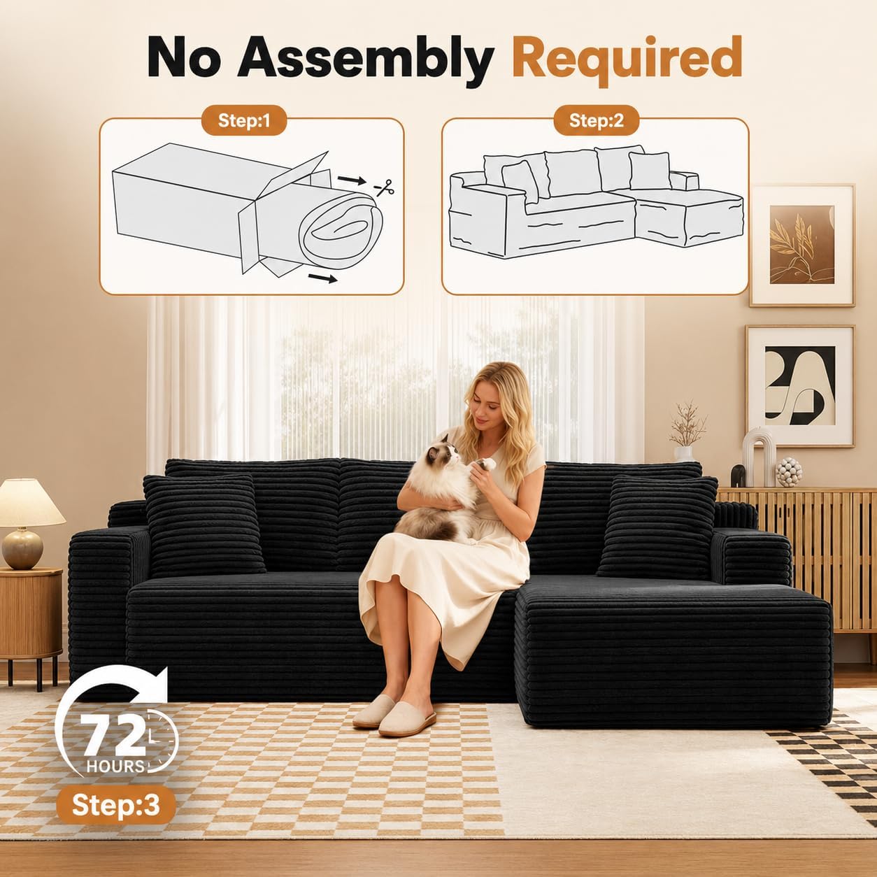 94.5" L-Shaped Cloud Sectional Couch for Living Room, Modern Minimalist Upholstered Sofa,Corduroy Fabric Modular Sectional Sofa with Chaise, No Assembly Required (Black, Right)