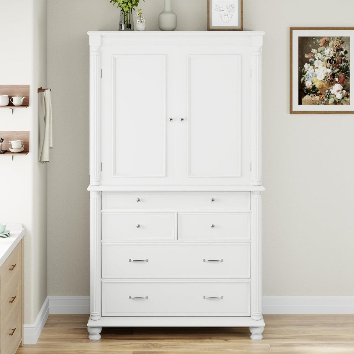 Freestanding Large Kitchen Pantry,Tall Storage Cabinet Cupboard with 6 Door Shelves, 2 Adjustable Shelves and 5 Drawers,for Dining Room (White-W)