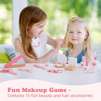 OOOK Kids Vanity Set with 15pcs Make-up Accessories, Pink Heart-Themed | FSC Safety, Toddler Vanity Table and Chair Set with Mirror and Drawer, Suitable for Girls Aged 3+