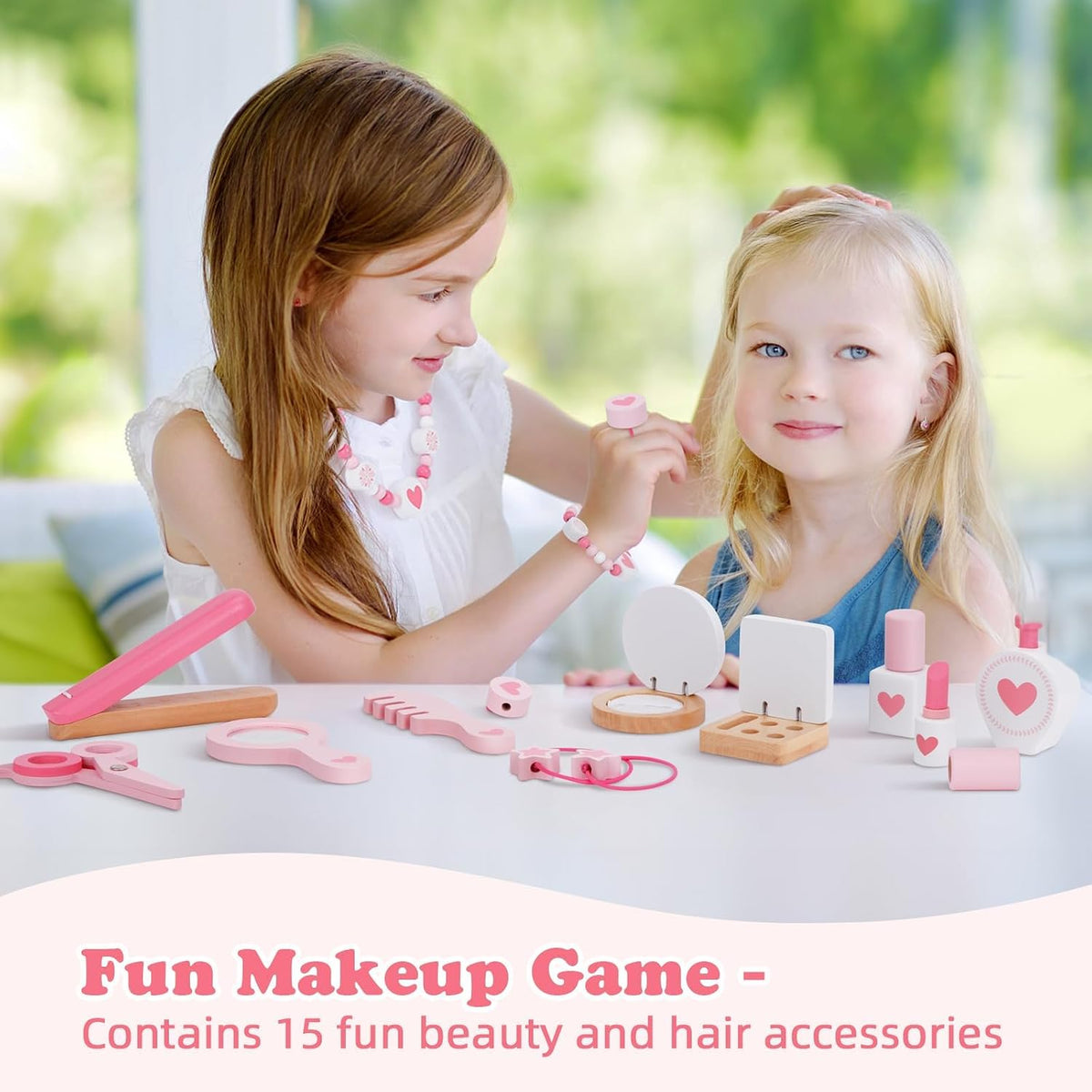 OOOK Kids Vanity Set with 15pcs Make-up Accessories, Pink Heart-Themed | FSC Safety, Toddler Vanity Table and Chair Set with Mirror and Drawer, Suitable for Girls Aged 3+