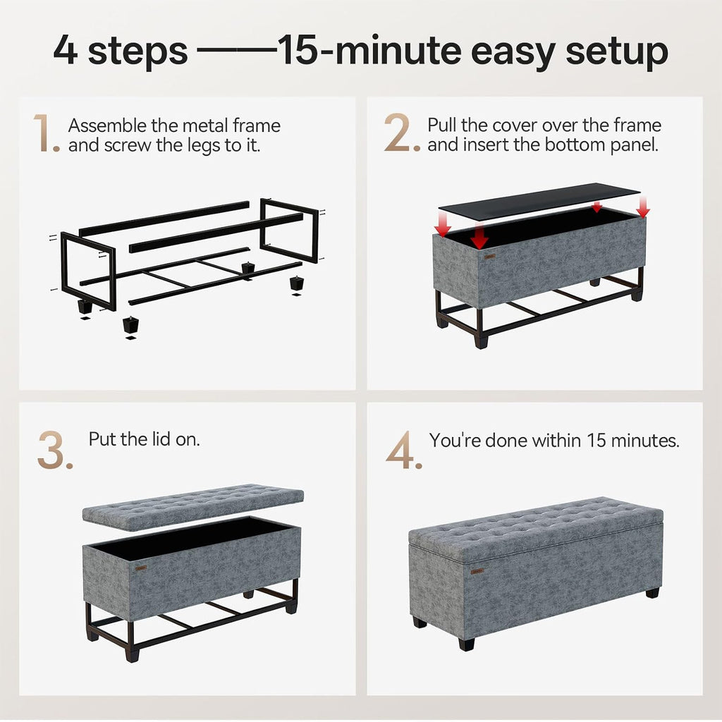 ABHENG Chenille Storage Ottoman Bench with Legs, 43.5”W x 15.7”D x 15.7”H,Metal Frame end of Bed Bench Hold up to 770 LB,Large Storage Chest,Gray UASND621G