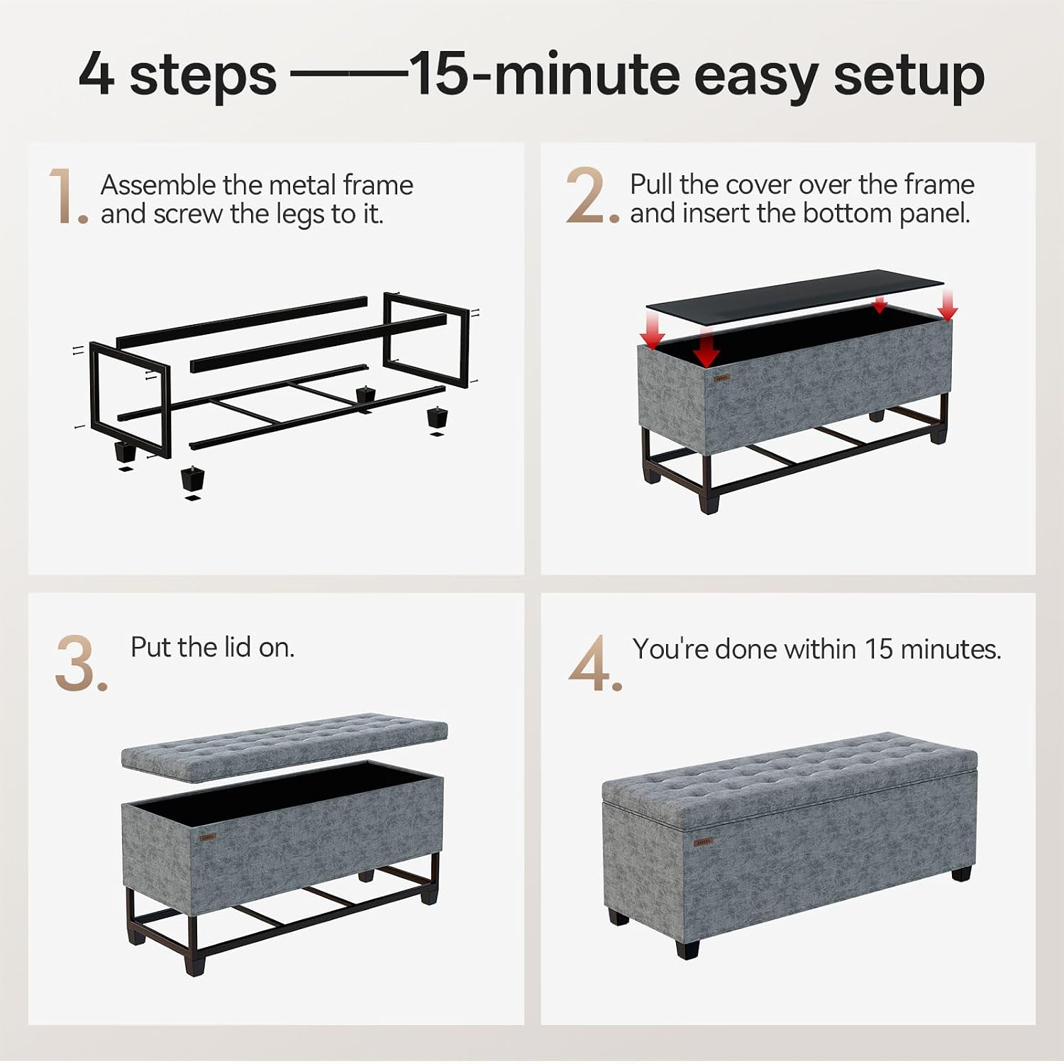 ABHENG Chenille Storage Ottoman Bench with Legs, 43.5”W x 15.7”D x 15.7”H,Metal Frame end of Bed Bench Hold up to 770 LB,Large Storage Chest,Gray UASND621G