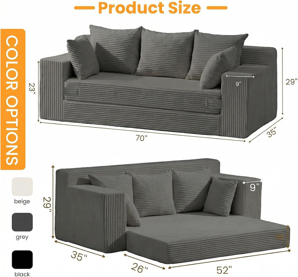 Oversized Loveseat, 3 Seater Pull Out Convertible Sofa Bed, 70" Gray Couch Fold Out Floor Couch Sleeper Sofa with 5 Pillows for Living Room Bedroom Lounge Small Space