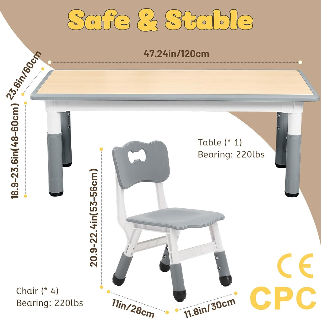 FUNLIO Kids Table and 4 Chairs Set and Adjustable Kids Chair (2pcs)，Easy to Wipe Arts & Crafts Table, for Classrooms/Daycares/Homes, CPC & CE Approved (5-Piece Set) - Gray