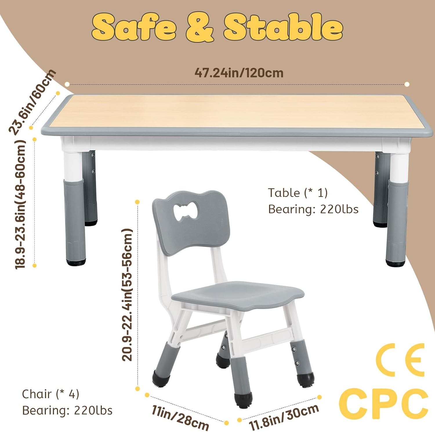 FUNLIO Kids Table and 4 Chairs Set and Adjustable Kids Chair (2pcs)，Easy to Wipe Arts & Crafts Table, for Classrooms/Daycares/Homes, CPC & CE Approved (5-Piece Set) - Gray
