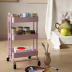 Metal Rolling Cart,3-Tier Pink Rolling Cart with Wheels,Metal Utility Cart with Wheels for Office,Home,Kitchen,Garden（13.4"x18.1"x31"） Pink