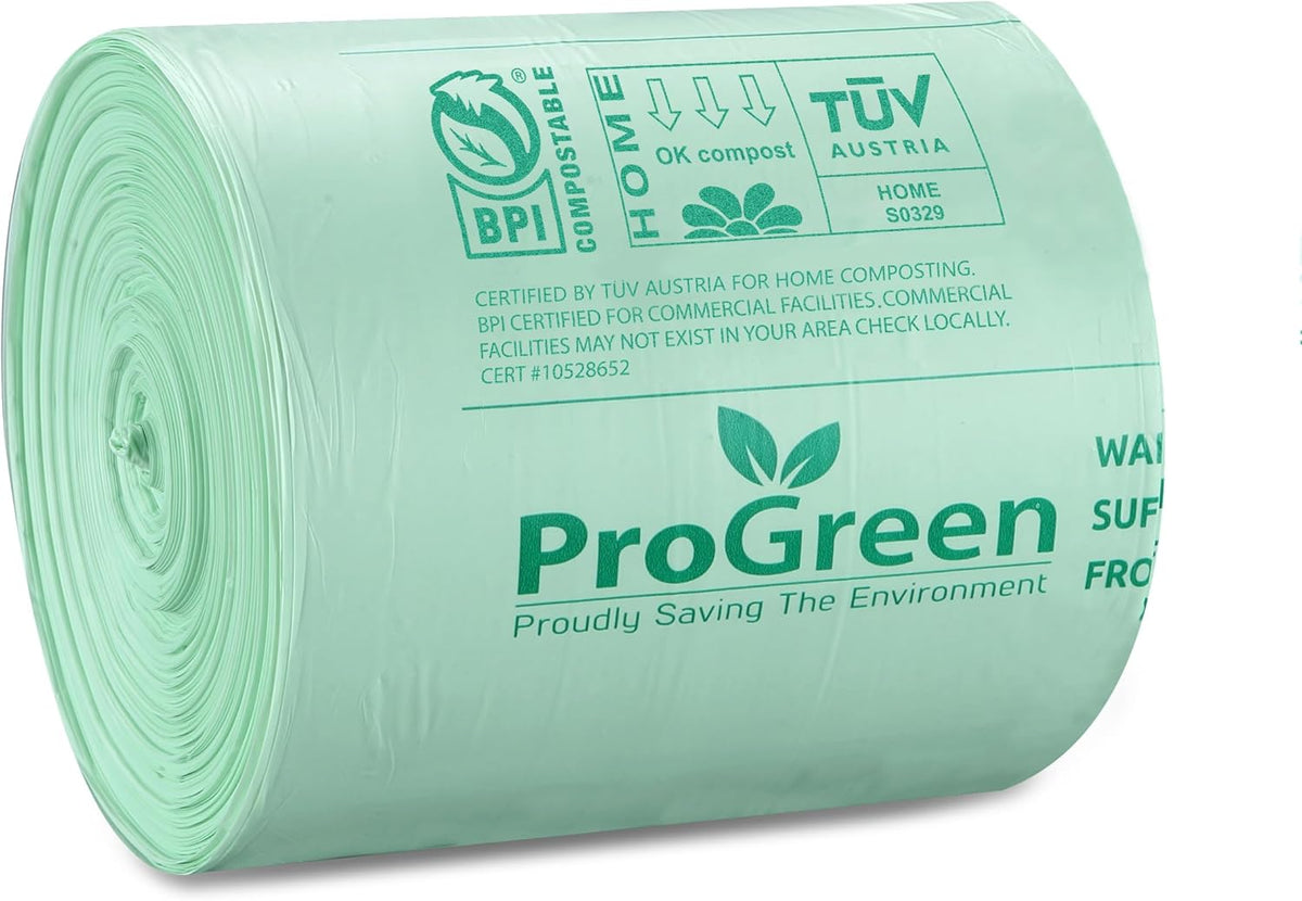 ProGreen Compostable Trash Bags, Extra Thick, Compost Kitchen Bin Bags, Food Scraps Yard Waste Bags, ASTM D6400 BPI and TÜV AUSTRIA Certified (8 Gallon, Pack of 100)