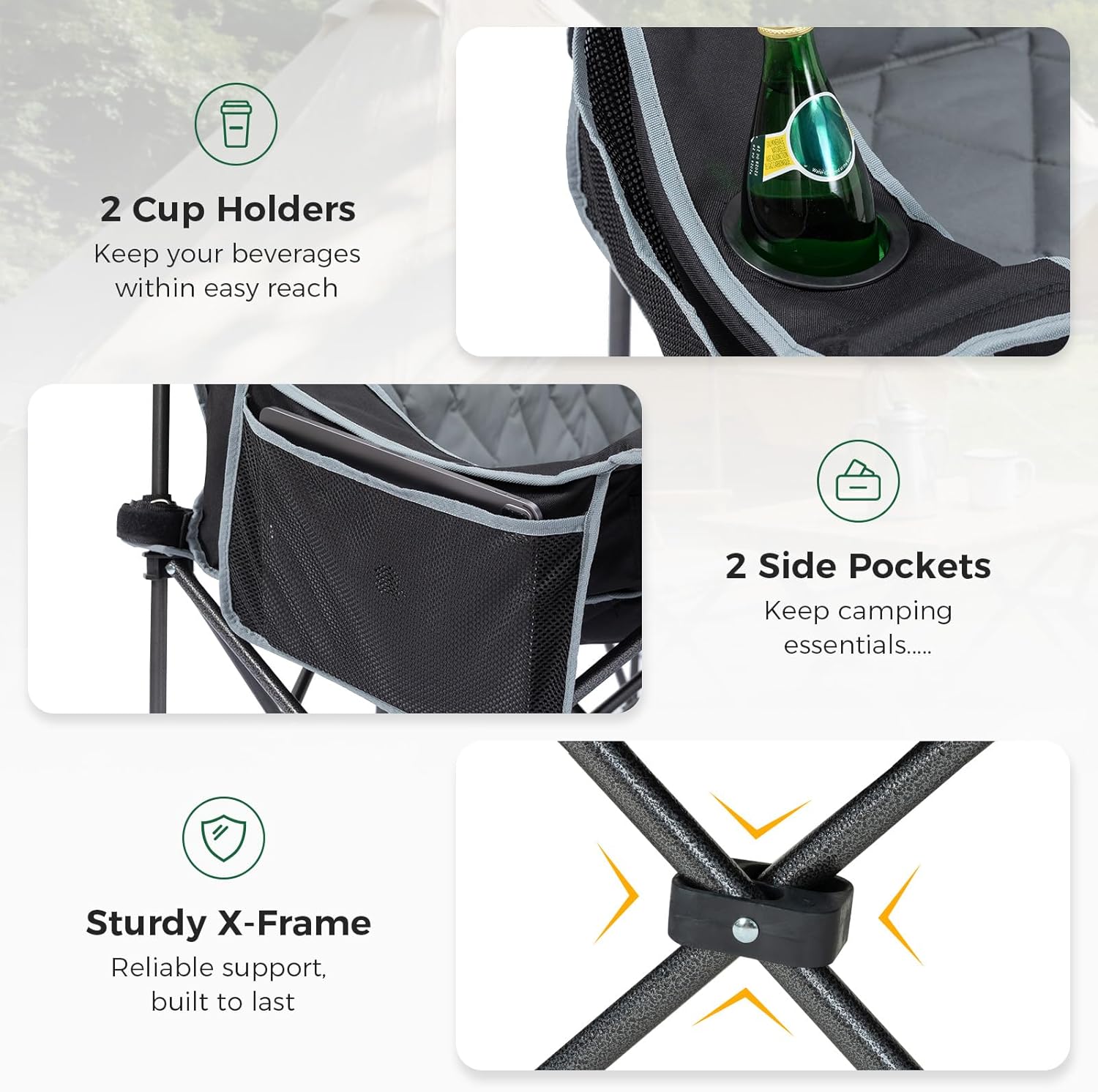 Padded 3 Person Camping Chair Oversized Camping Couch, Heavy Duty Folding Double Camping Chair, Extra Wide Camping Loveseat with Cup Holder & Side Pockets for Camping & Lawn, Supports 660LBS Black