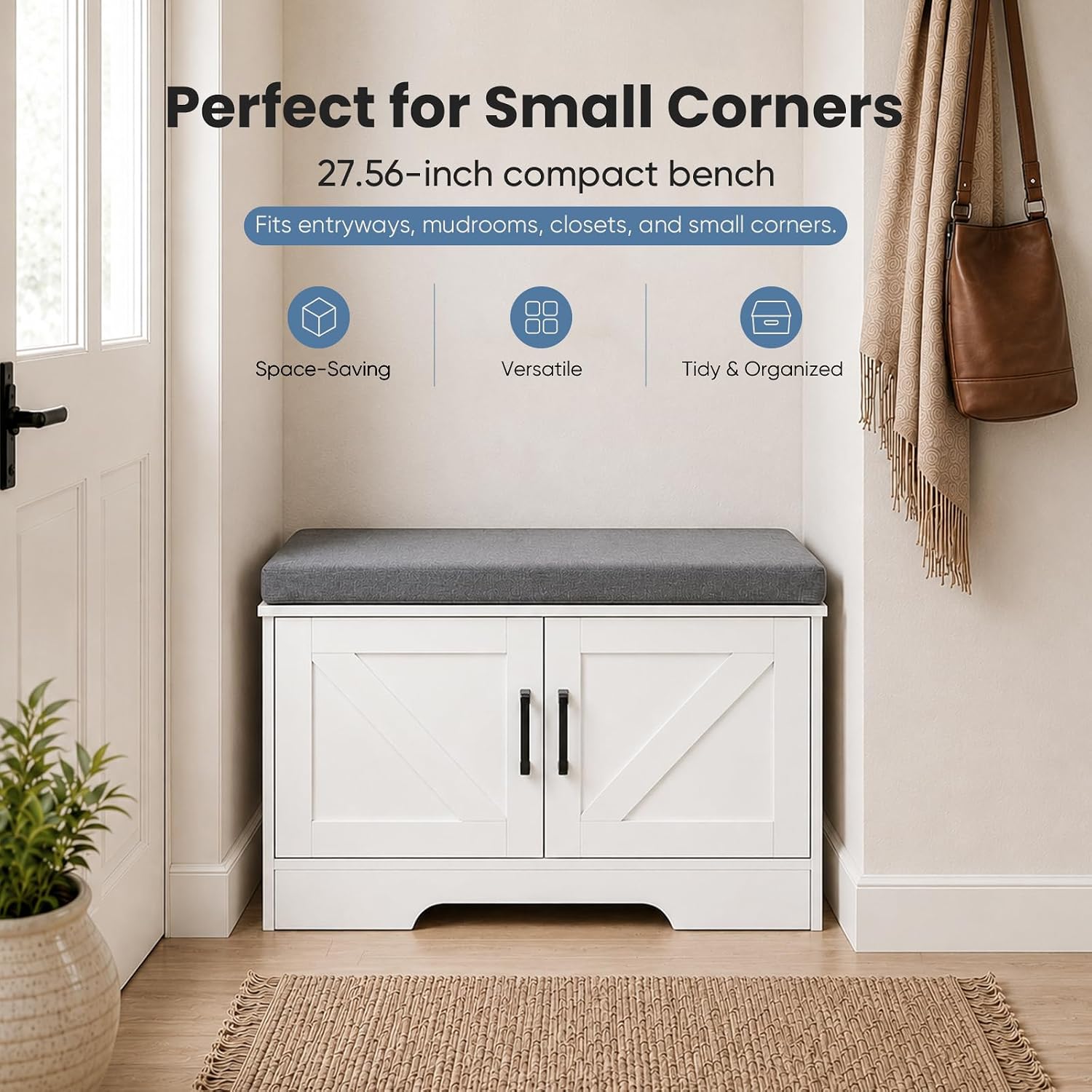 NEWBULIG Shoe Storage Bench for Entryway with Cushion, 27.6IN, White | Shoe Organizer Cabinet with Padded Cushion and Doors, Adjustable Shelves, Shoes Bench for Hallway, Mudroom, Bedroom