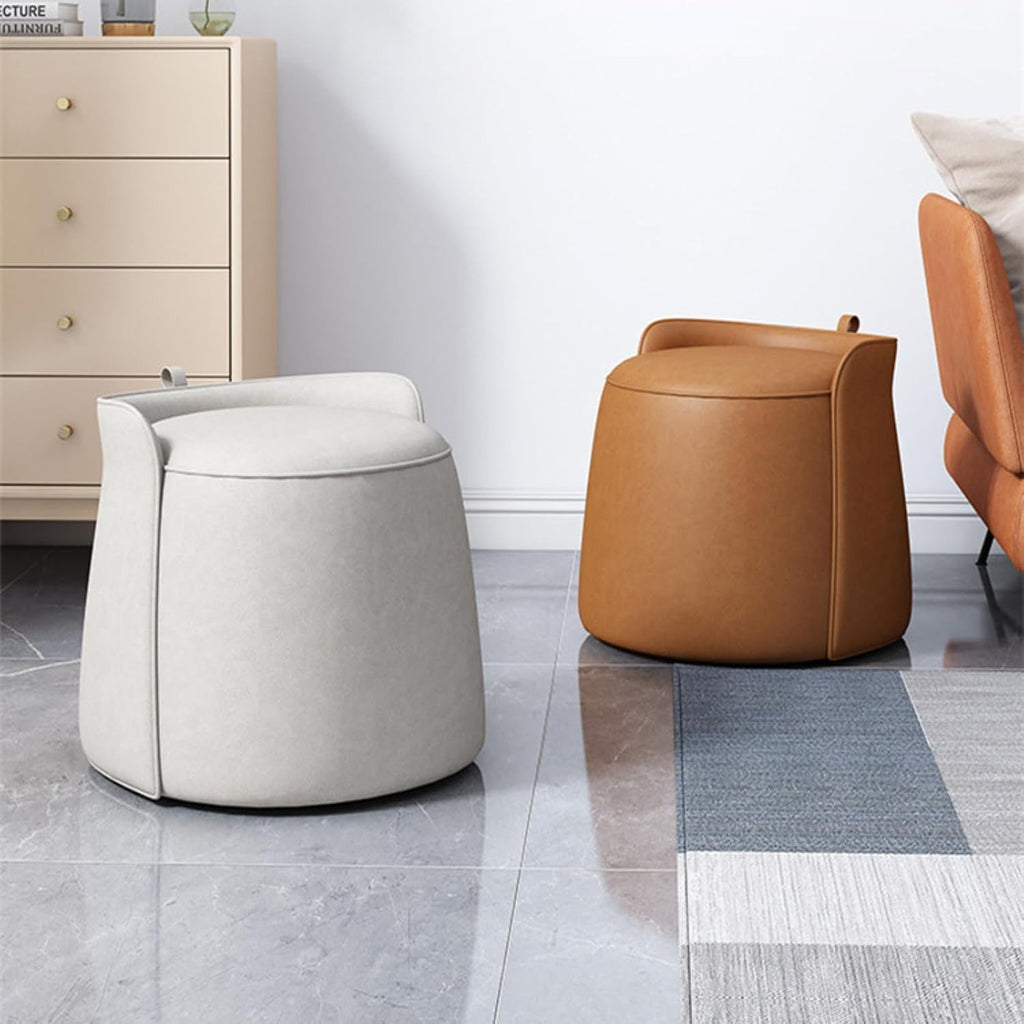 Modern Dresser Makeup Ottoman Stool, Leather Dresser Chair, Round Footstool, Extra Seating for Living Room/Bedroom/Entryway