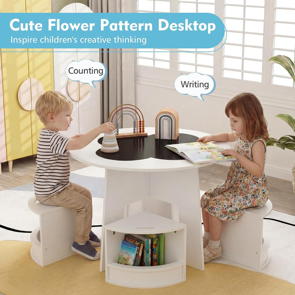 GLACER Kids Table and Chairs with Storage, 5-Piece Toddler Table and Chair Set, Blackboard Activity Desk w/ 4 Stools for Art Craft Drawing Reading, Space-Saving Playroom Furniture Ages 3+