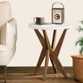 Ahokua Modern Round End Table with Smooth White Top and Crossed Walnut Legs, Minimalist Accent Table for Living Room, Balcony, or Small Spaces, Easy Assembly Bedside Table, White Walnut