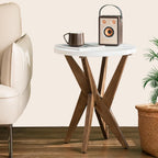 Ahokua Modern Round End Table with Smooth White Top and Crossed Walnut Legs, Minimalist Accent Table for Living Room, Balcony, or Small Spaces, Easy Assembly Bedside Table, White Walnut