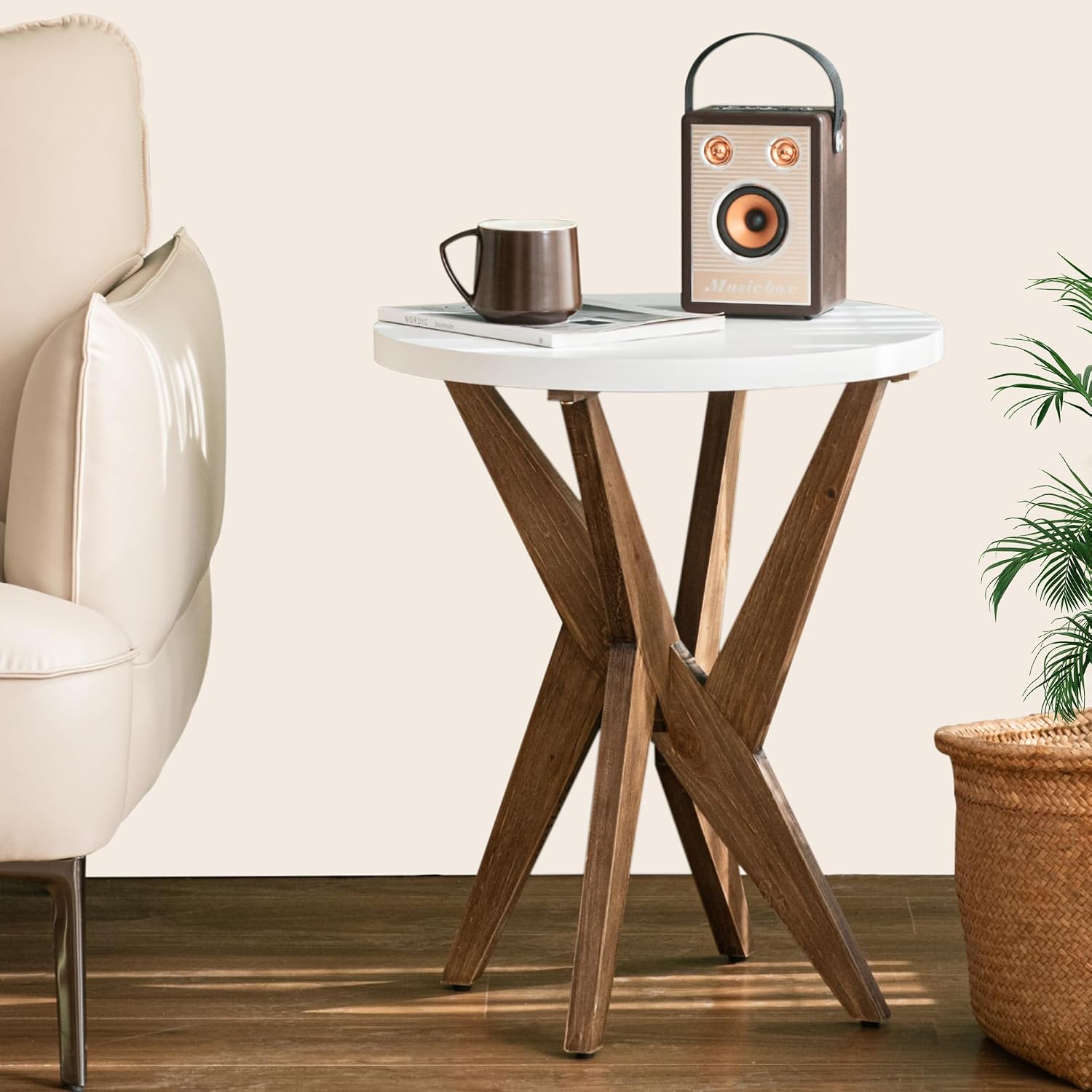 Ahokua Modern Round End Table with Smooth White Top and Crossed Walnut Legs, Minimalist Accent Table for Living Room, Balcony, or Small Spaces, Easy Assembly Bedside Table, White Walnut