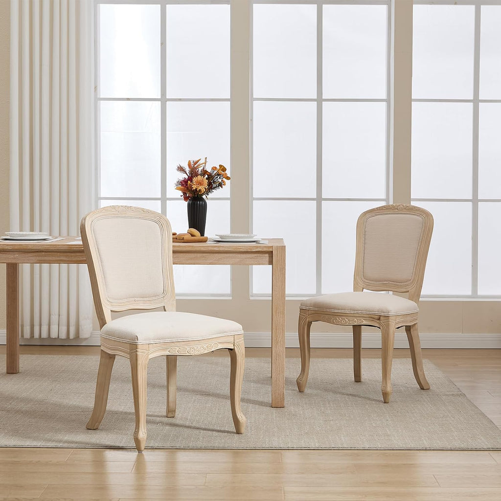 Kmax French Dining Chairs Set of 4, Farbric Upholstered Dining Chairs with Elegant Curved Legs High Back Armless Kitchen Chairs Side Chairs for Dining Room Restaurant - Linen, Beige/Natural Legs