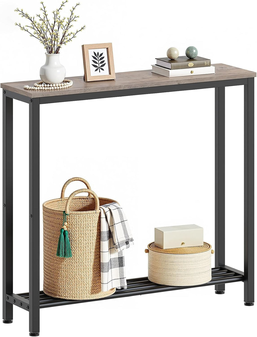 YATINEY Narrow Console Table, 2-Tier Small Sofa Table, 29.5" Thin Entryway Behind Couch Table with Shelves, Industrial Hallway Table, for Living Room, Foyer, Greige and Black CT03BG