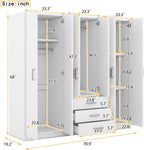 Merax Large White 6 Doors Wooden Wardrobe, Bedroom Tall Armoire Closet Organizer with Big Drawers, Hanging Rails and Shelves, Clothes Storage Cabinet for Garage & Laundry Room, White