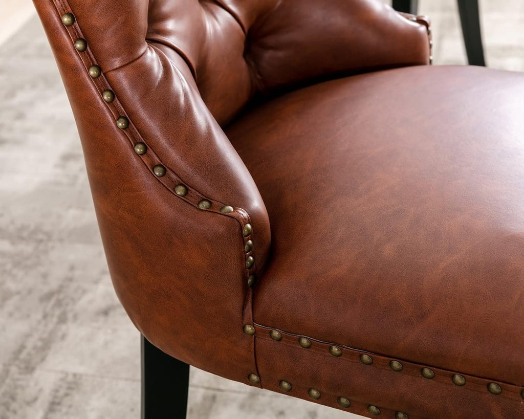 CIMOTA Brown Leather Dining Chairs Set of 8 Mid Century Modern Dining Room Chairs Tufted Upholstered Kitchen Dining Chairs Comfortable Side Chairs with Nailhead Trim/Ring Back (PU /8PCS)