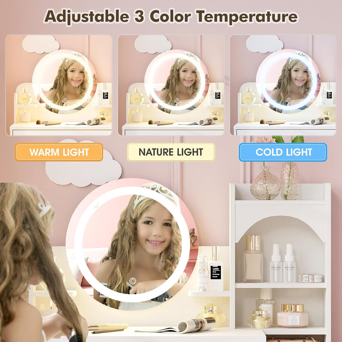 Vabches Kids Vanity with Mirror & Lights,Princess Toddler Vanity Table | 2 in 1 Princess Makeup Vanity Desk Wooden Pretend Play Vanity Desk and Chair Set for Little Girls,White
