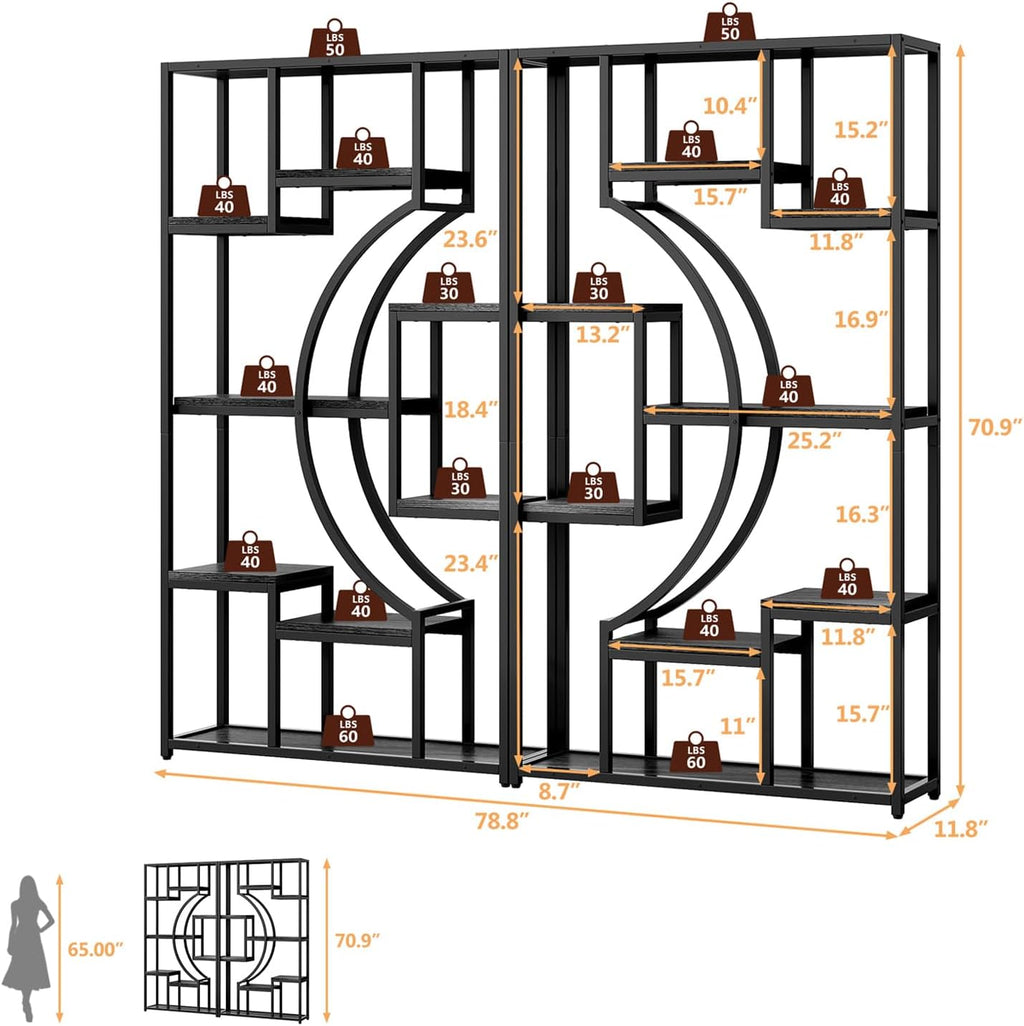 LGHM Bookshelf Set of 2 with Metal Frame, 5 Tier Geometric Bookcase, Adjustable Modern Book Shelf with 18 Open Storage Shelves, Display Shelf for Living Room, Office, Bedroom,Black
