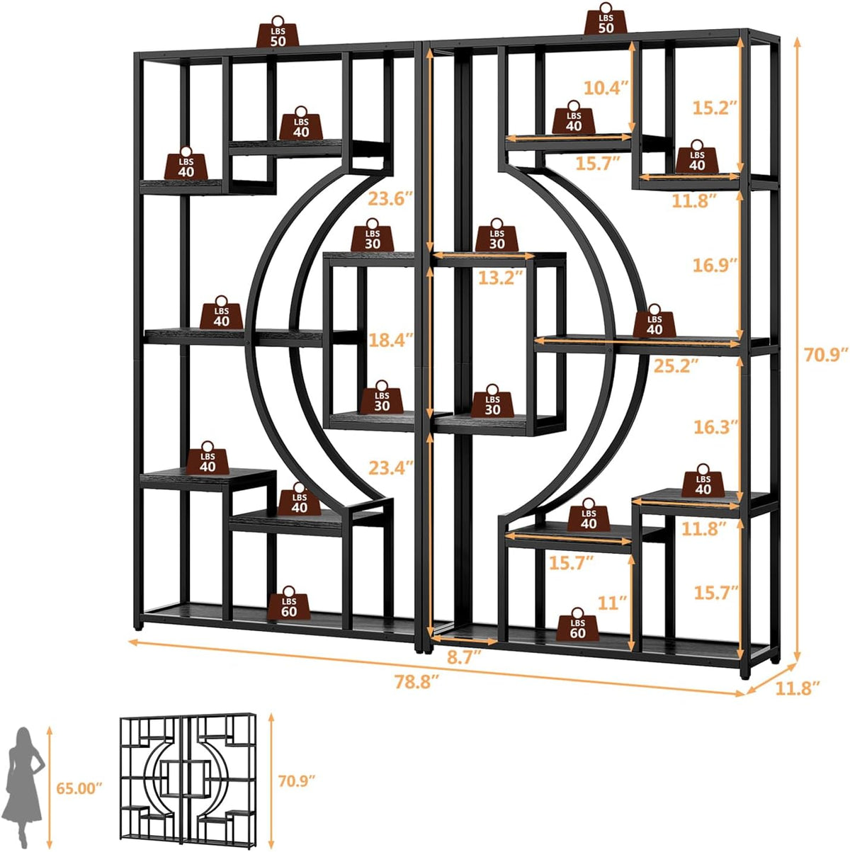 LGHM Bookshelf Set of 2 with Metal Frame, 5 Tier Geometric Bookcase, Adjustable Modern Book Shelf with 18 Open Storage Shelves, Display Shelf for Living Room, Office, Bedroom,Black