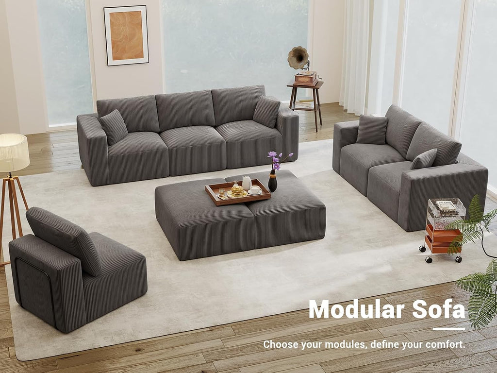 Modular Sleeper Sofa Couch Modern Sectional Couches for Living Room - 79" L-Shaped Cloud Couch - Easy Assembly Corduroy Convertible Sponge Compression Sofas with Chaise for Home House(Grey)