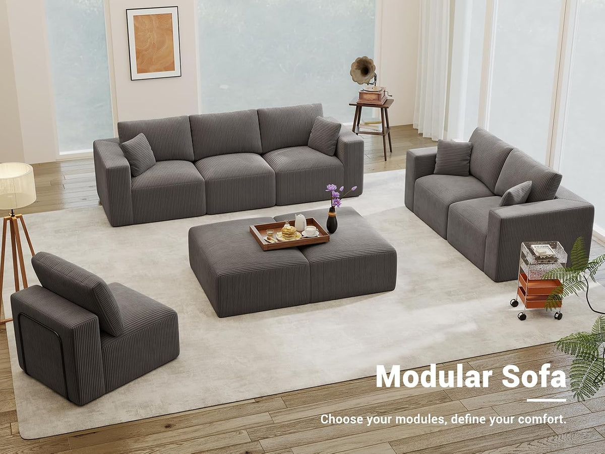 Modular Sleeper Sofa Couch Modern Sectional Couches for Living Room - 79" L-Shaped Cloud Couch - Easy Assembly Corduroy Convertible Sponge Compression Sofas with Chaise for Home House(Grey)